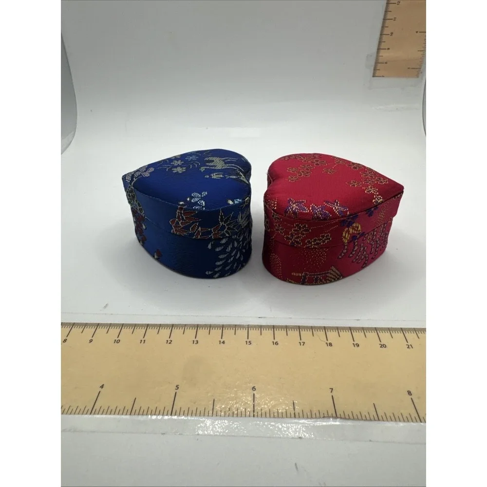 Set Of 2 Asian Ring Jewelry Box Compact Fabric Floral Portable - Heart Shaped